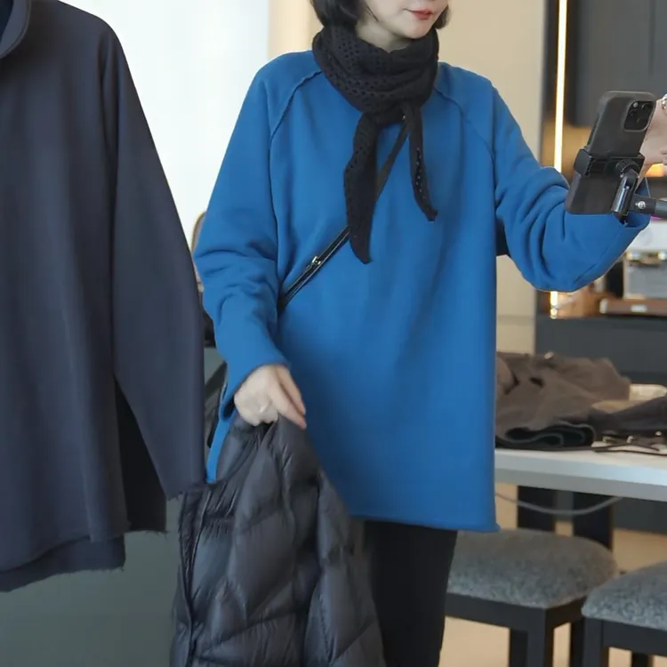 毛边加厚加绒圆领中长款卫衣女秋冬2025新款宽松百搭显瘦长袖上衣
