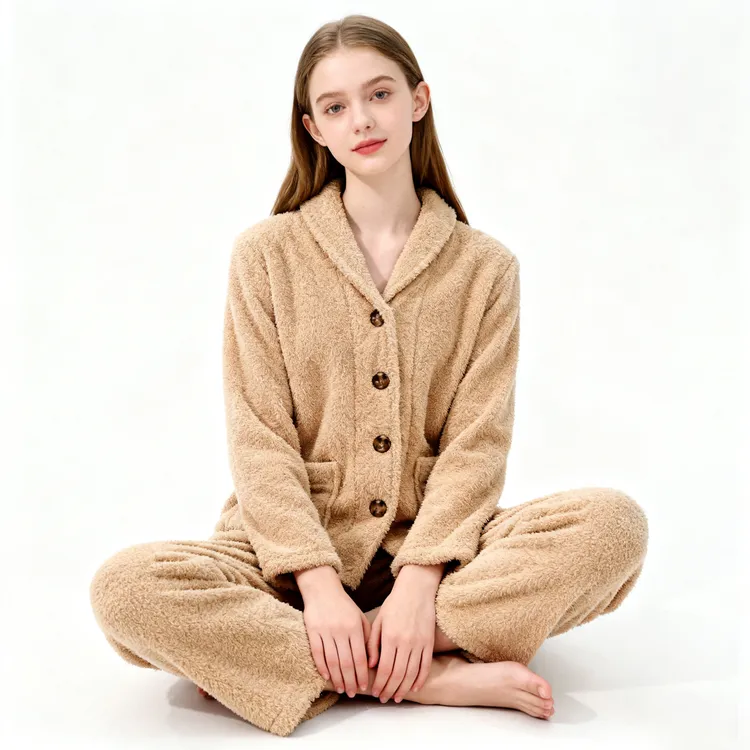 【Breeze系列】青果领半边绒珊瑚绒睡衣家居服女秋冬季加厚