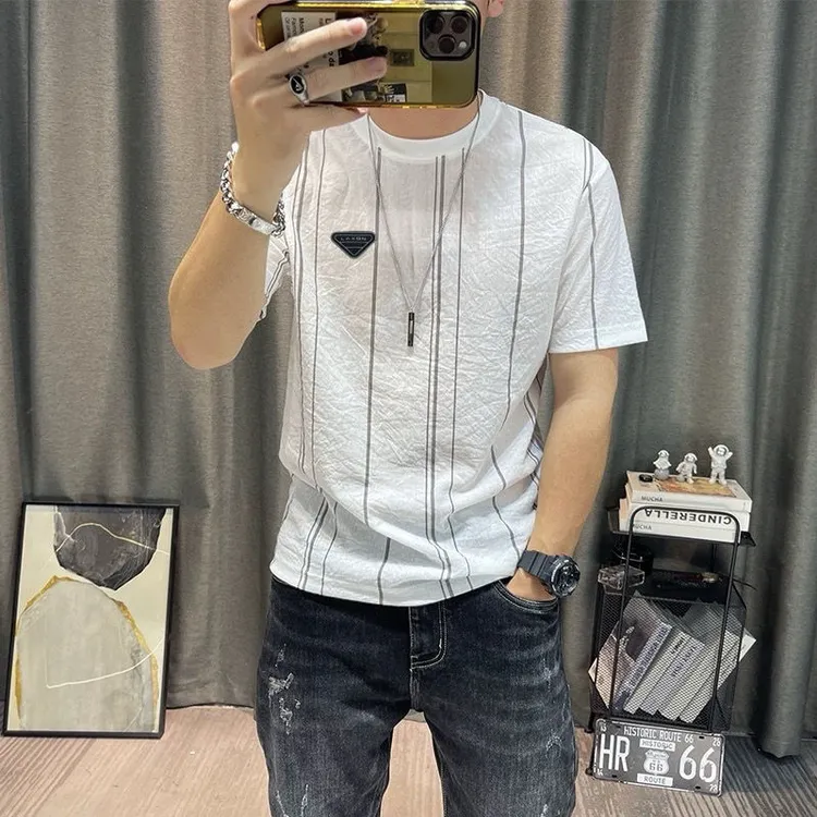 短袖t恤衫男夏季新款天丝棉麻微皱竖条纹修身藏口袋冰丝短袖