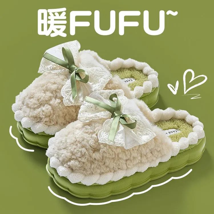 【运费补贴】蝴蝶结棉拖鞋女秋冬室内踩屎感新款厚底保暖防滑毛拖鞋
