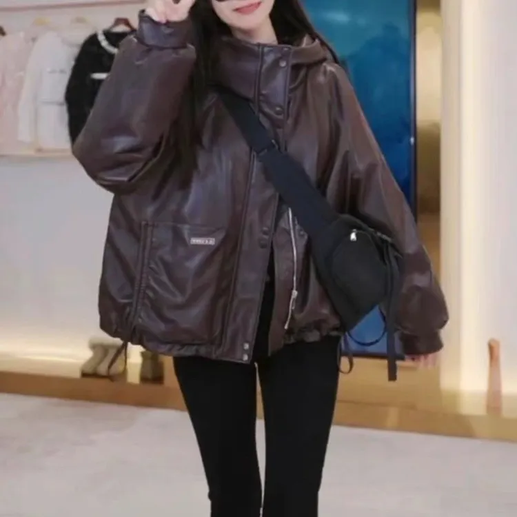时尚休闲宽松皮衣韩版加厚机车保暖短款潮流百搭立领外套女ins
