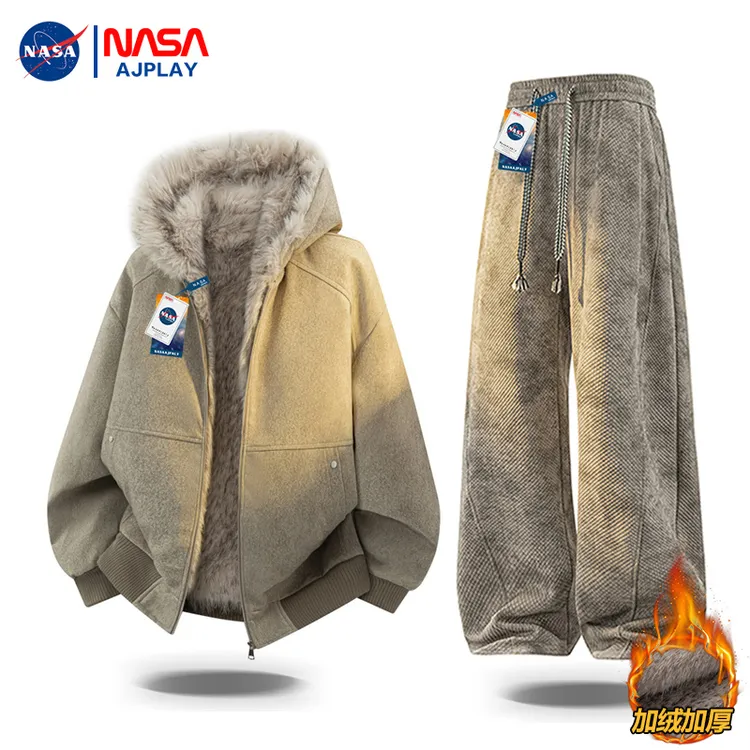 NASA AJPLAY座山雕连帽毛领外套男秋冬重磅加绒加厚保暖潮牌棉衣
