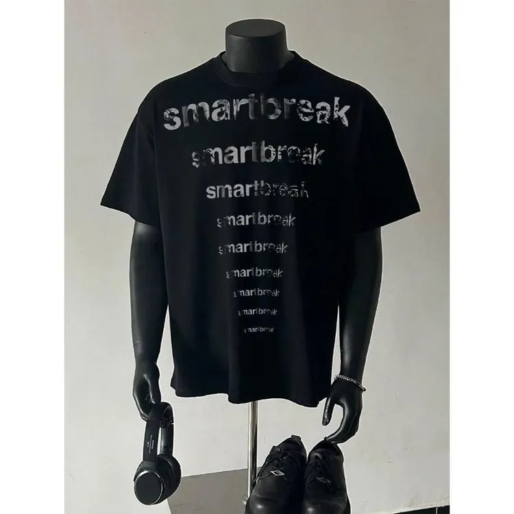 cleanfit美式印花潮牌短袖男夏季小领口重磅T恤设计感小众五分袖