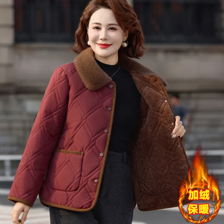 中年妈妈冬装加绒保暖加厚小棉衣短款中老年女装洋气保暖棉袄外套