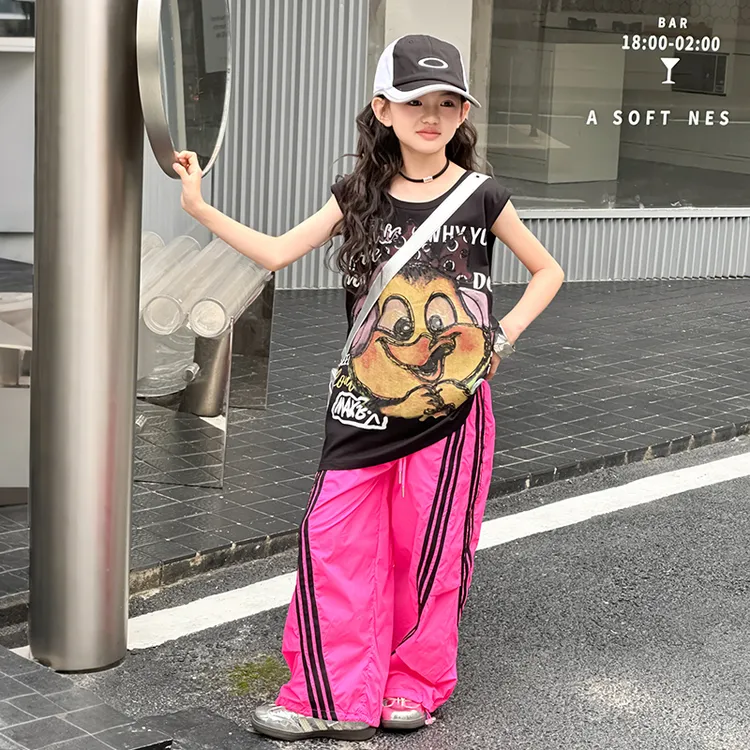 女童薄款背心裤子套装2025新款中大童女孩卡通印花洋气中长款休闲