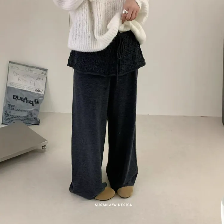 老钱风苏珊 韩系镂空花边屁帘阔腿裤女秋季高腰垂感宽松直筒休闲