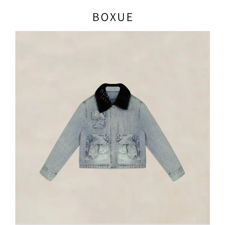 BOXUE“湖塔牛仔”2025冬水貂毛皮牛仔90白鹅绒羽绒服#251120YR6801