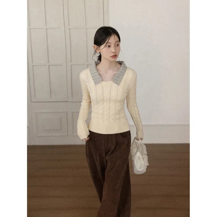 羊城故事-黄色翻领毛针织衫女冬2025季新款修身显瘦上衣Y51256511