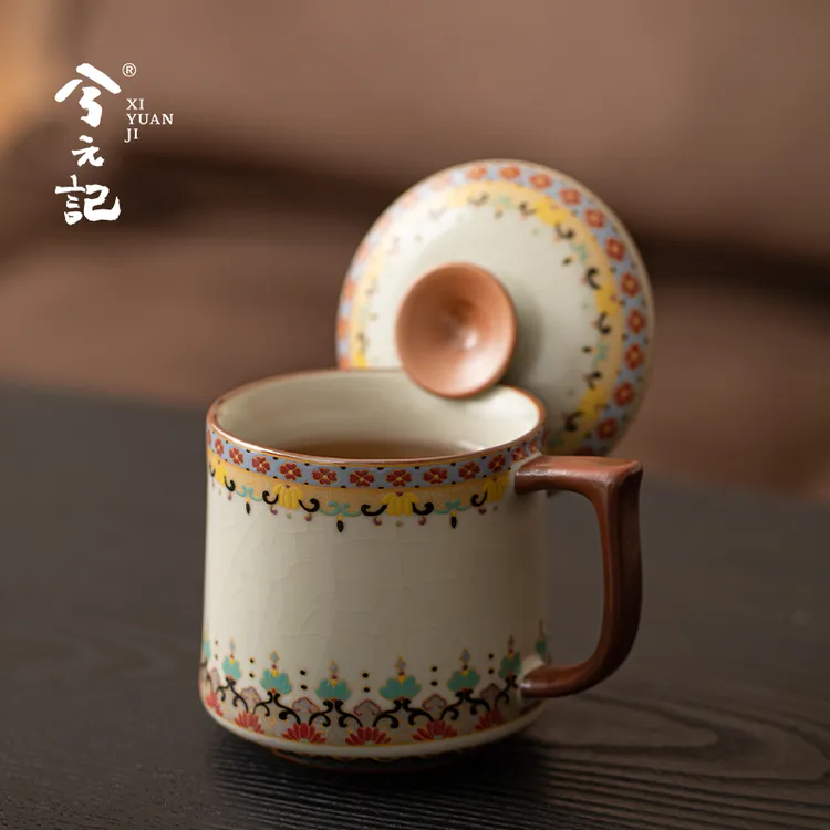 敦煌文创马克杯陶瓷带盖水杯汝窑茶杯办公室泡茶杯子冰裂纹茶具