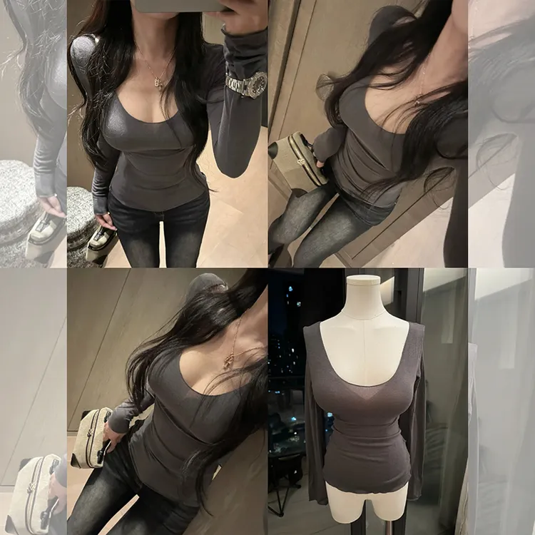 韩系u领高级感别致面膜长袖t恤女春秋性感修身薄款打底衫内搭上衣
