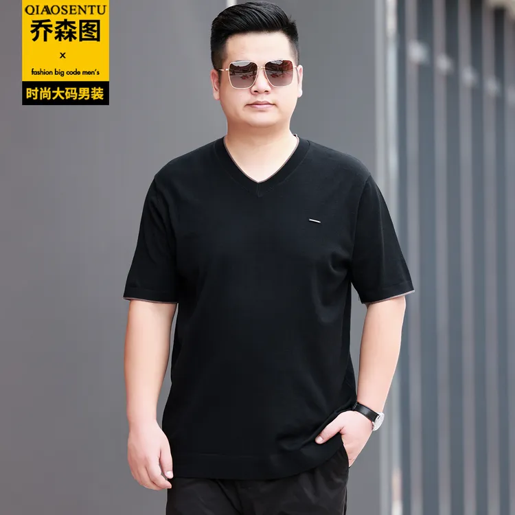 特大码男装针织毛衣短袖加肥加大宽松鸡心V领上衣胖子内搭打底衫