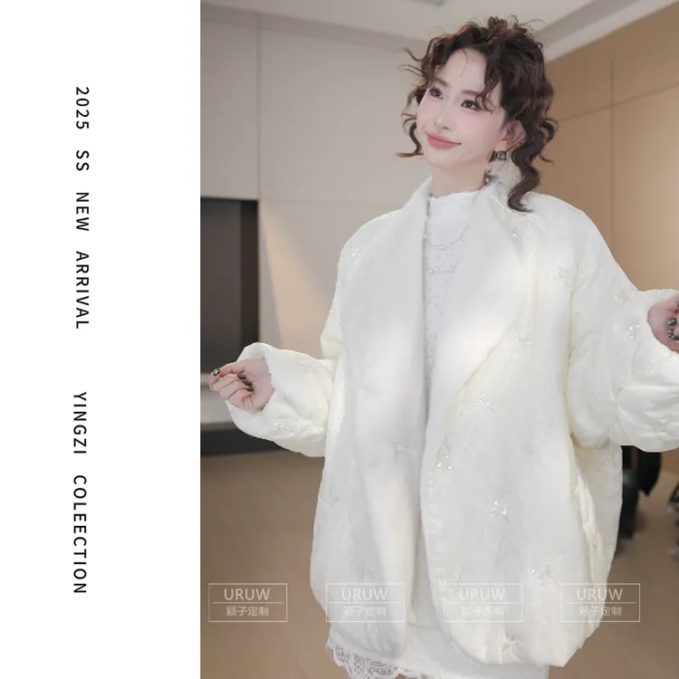 颖子定制【米兰公路】冬季设计感拼接毛领长袖棉服休闲百搭棉服9992