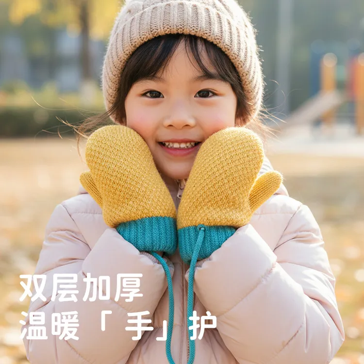 儿童手套包套冬季保暖加绒加厚防寒全指挂绳小孩可爱男女宝宝A1
