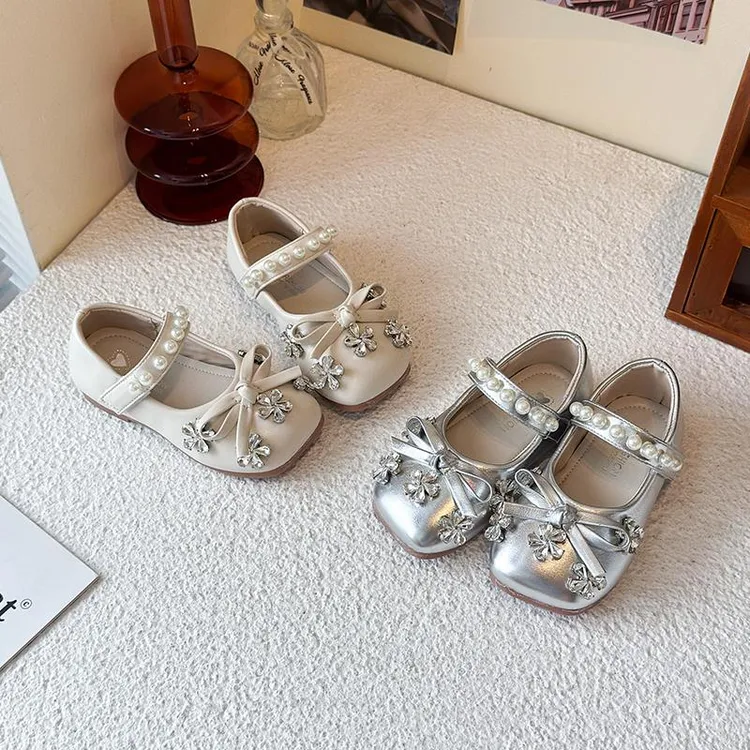 女童公主鞋2025春秋新款儿童蝴蝶结亮钻小皮鞋小女孩软底防滑单鞋