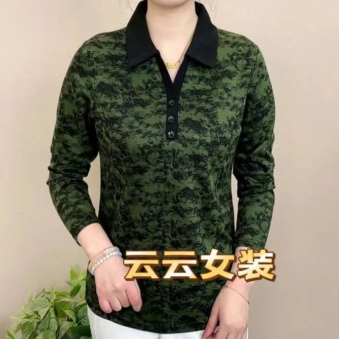 2025春季新款时尚休闲polo领显瘦薄款长袖t恤女印花上衣