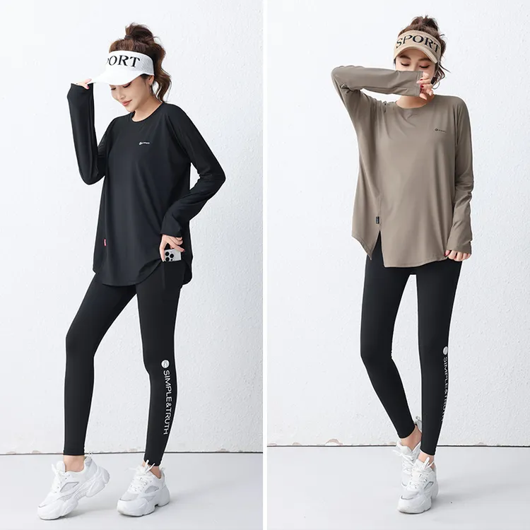 佐朗迪春夏款瑜伽服女套装长袖圆领宽松显瘦T恤高腰束腿裤贴兜款