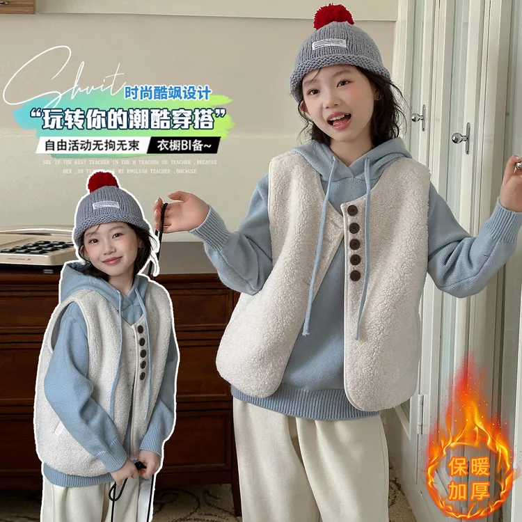 女童连帽毛衣秋冬套装儿童羊羔绒马甲2025新款休闲皮毛一体坎肩潮