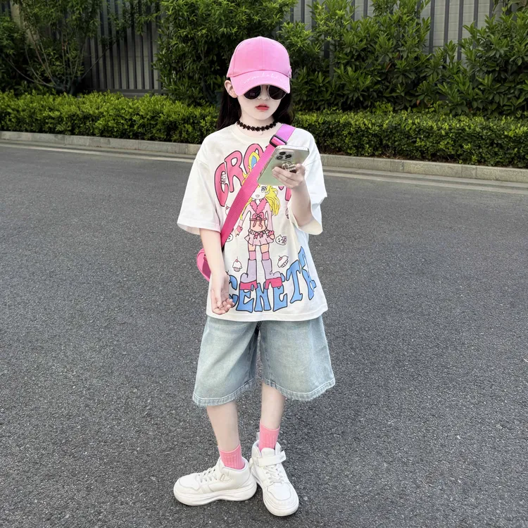 女童卡通T恤牛仔短裤套装2025新款中大童休闲裤子韩版短袖夏装潮