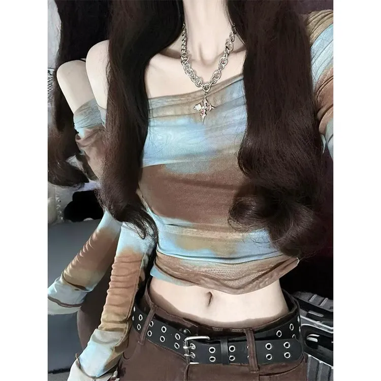 美拉德辣妹穿搭一字肩长袖t恤女夏季设计感小众紧身收腰短款上衣