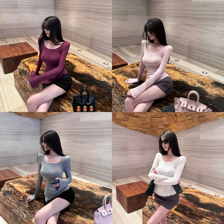 中长款修身型U型领短款长袖T恤