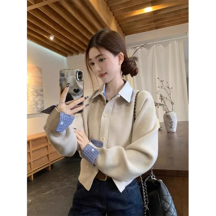 学院风假两件拼接格子针织开衫女秋季法式翻领撞色正肩上衣外套潮