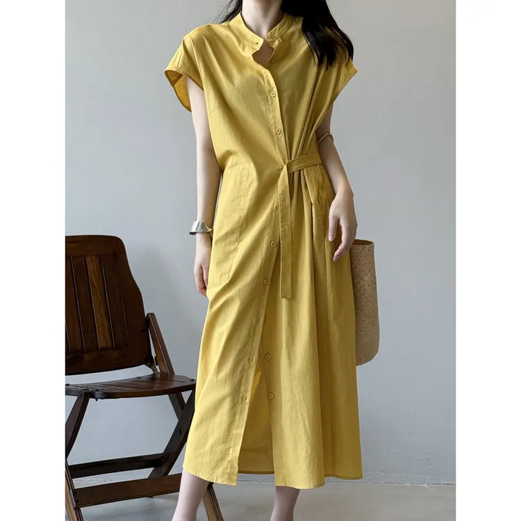 气质百搭棉麻短袖连衣裙女 夏季新款绑带收腰显瘦单排扣长裙