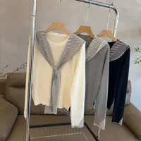 【初奢自制】披肩帽圆领套头针织衫miu系条纹细羊毛长袖薄针织上衣