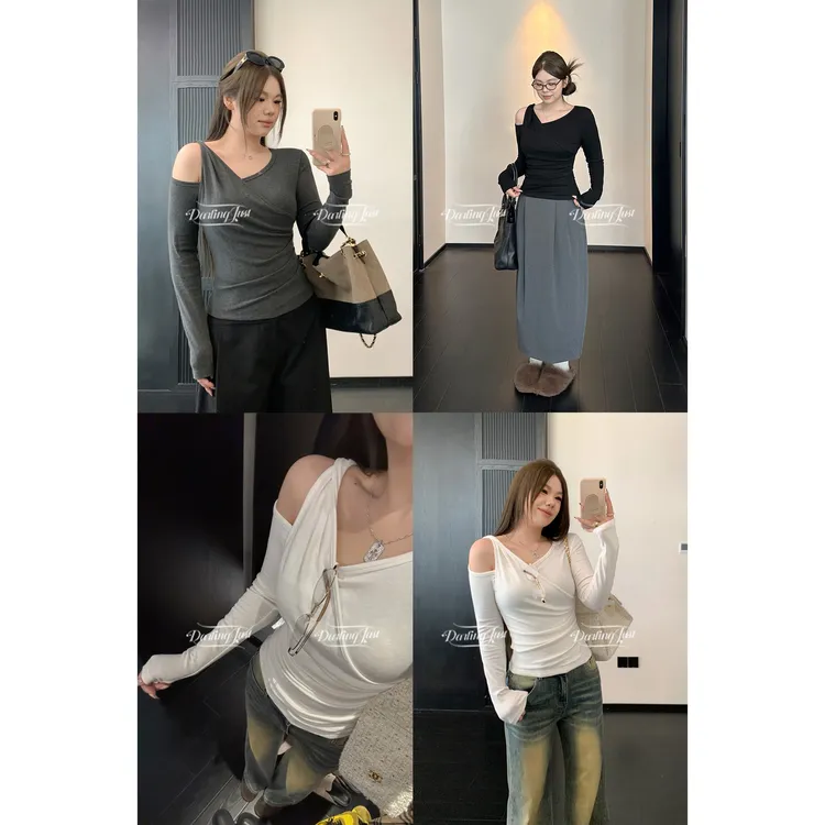 DarlingJust小野墩墩[韩女香肩]秋季露肩针织衫显瘦基础款打底