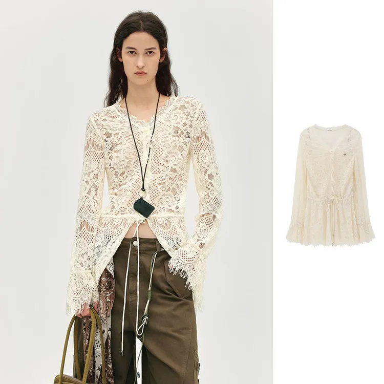 【现货】AVVENN2025冬季白色设计师款花边蕾丝单衣内搭长袖镂空上衣