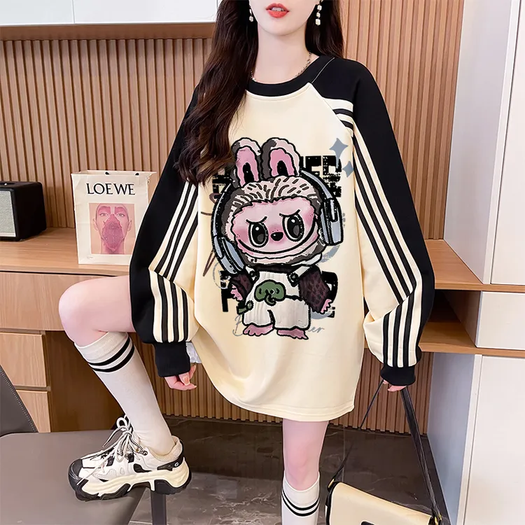 中长款卡通撞色卫衣女秋季爆款oversize宽松慵懒风加绒加厚上衣潮