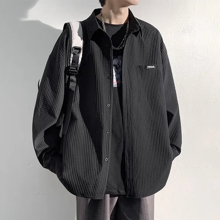 华夫格衬衫男士长袖春秋季新款宽松大码痞帅衬衣服秋款寸衫外套男