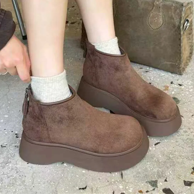 237052法式百搭磨砂皮短靴女2025新款冬季洋气复古厚底瘦瘦靴鞋子