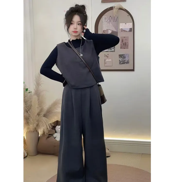 小个子定制春秋时尚简约毛呢马甲九分阔腿裤三件套