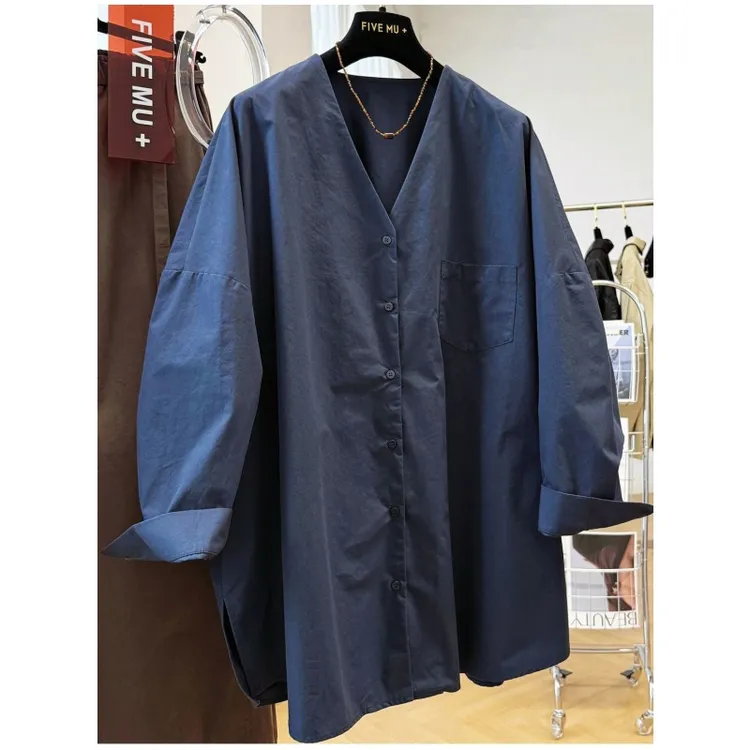 特大码300斤韩系V领设计感中长款衬衫初秋男女纯色别致慵懒风衬衣