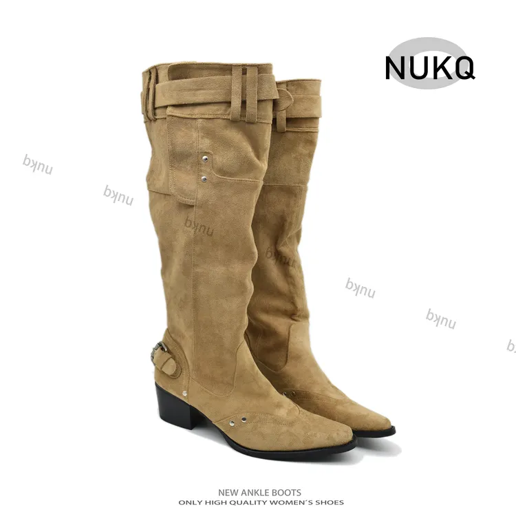 【NUKQ】时装靴方头中筒尖头长筒女靴复古时尚马靴骑士