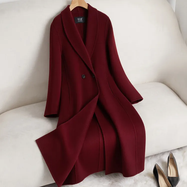 红色双面羊毛大衣女中长款2025新款秋冬高级感气质修身全羊毛外套