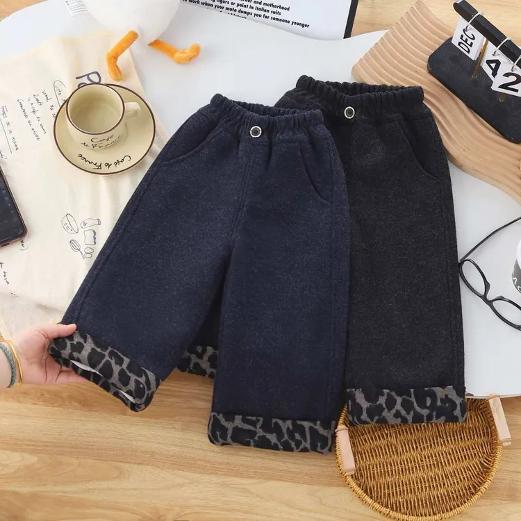 儿童女童冬季新款豹纹花边毛呢微弹直筒裤加绒加厚裤子