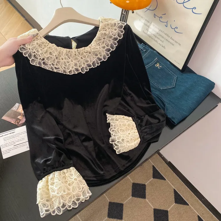 法式复古温柔风蕾丝花朵丝绒衬衫女长袖2025秋冬季新款高级感上衣