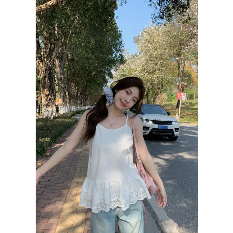 白色吊带背心女202夏季蕾丝花边下摆修身叠穿内搭辣妹修身小上衣