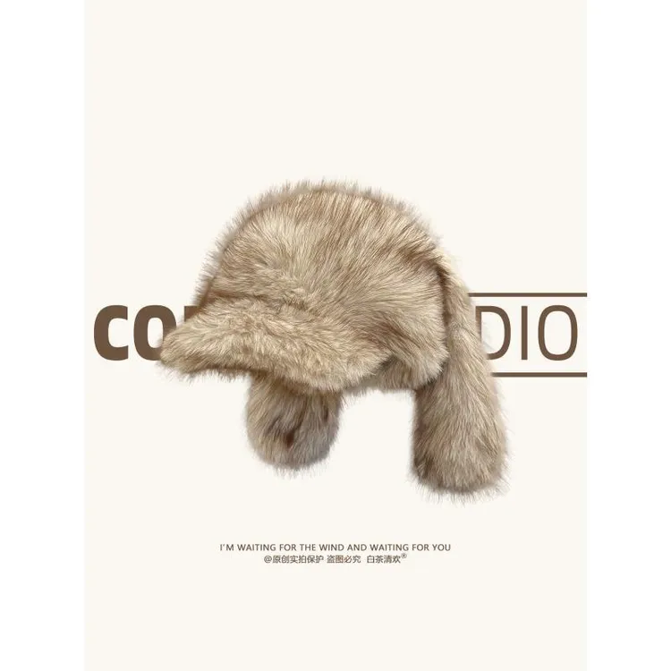 日系复古毛绒绒兔子耳朵鸭舌帽女冬保暖美式辣妹休闲百搭毛绒帽潮