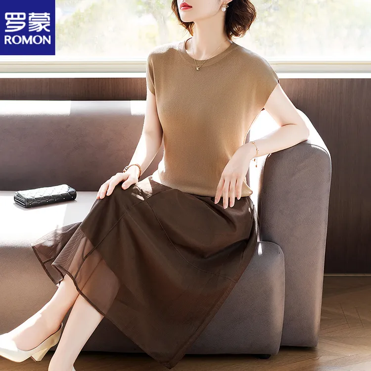 罗蒙妈妈夏装高档半身裙子套装新款中老年女装夏季时尚短袖连衣裙