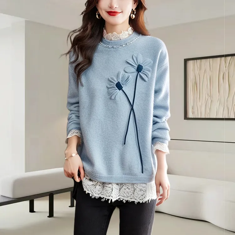 秋冬女士蓝色毛衣2024秋冬季新款大码宽松休闲显瘦气质慵懒风上衣