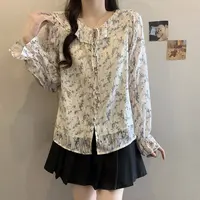 清2025秋大码女装荷叶边系带碎花衬衫法式甜美减龄上衣64161