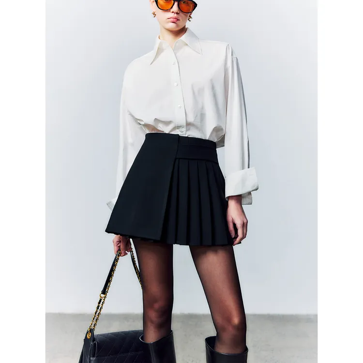 玖着“街拍裙”精选高克重紧密斜纹手工百褶搭片时髦气质佰搭短裙