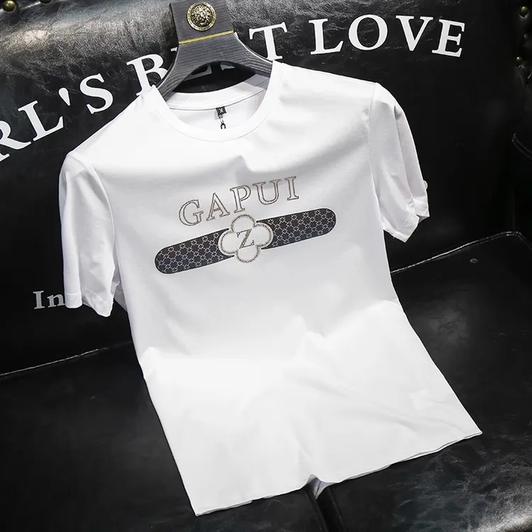 欧洲站夏季短袖男士韩版潮流潮牌修身冰丝光棉大码烫钻半袖T恤