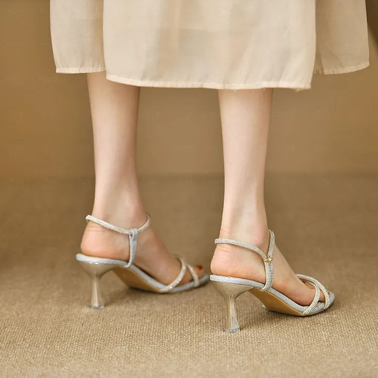 水钻高跟鞋2025新款夏季法式仙女配裙露趾包头凉鞋一字带时装女鞋