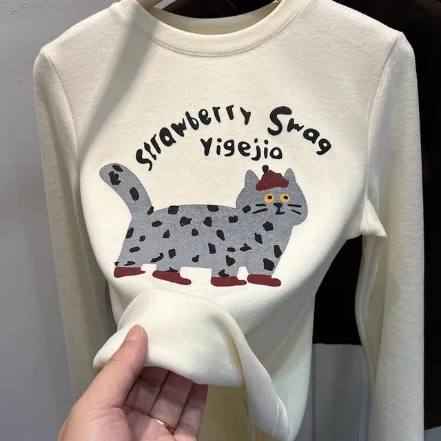上身巨舒服！软糯双面磨毛德绒长袖T恤女洋气猫咪印花打底衫上衣