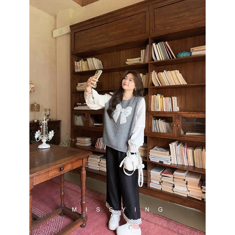 应小姐【极夜派对】微胖大码秋季显瘦设计外传百搭宽松直筒蕾丝长裤