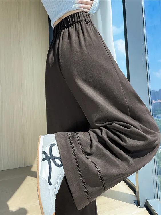 镂空拼接直筒休闲裤女春秋高腰显瘦垂感阔腿裤宽松大码百搭九分裤