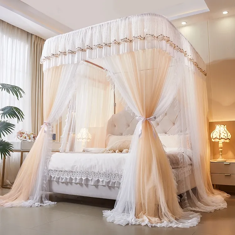 家用卧室伸缩加厚加粗一体式公主风三开门双层纱落地导轨蚊帐艺